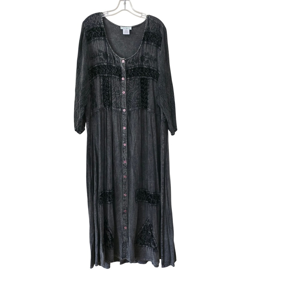 Ulla Popken Gray Acid Wash Embroidered Button Front Midi Dress Plus Size 20/22